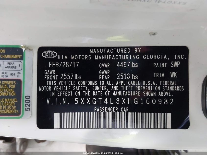 2017 Kia Optima Lx VIN: 5XXGT4L3XHG160982 Lot: 43860179