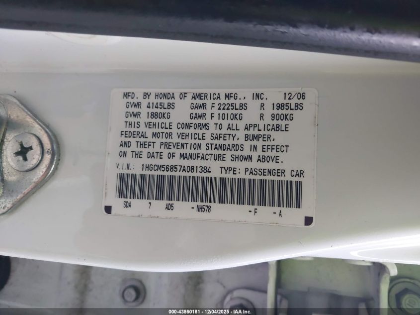2007 Honda Accord 2.4 Ex VIN: 1HGCM56857A081384 Lot: 43860181