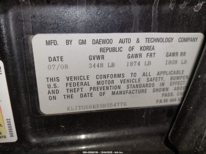 2009 Chevrolet Aveo Lt VIN: KL1TG66EX9B354776 Lot: 43860198