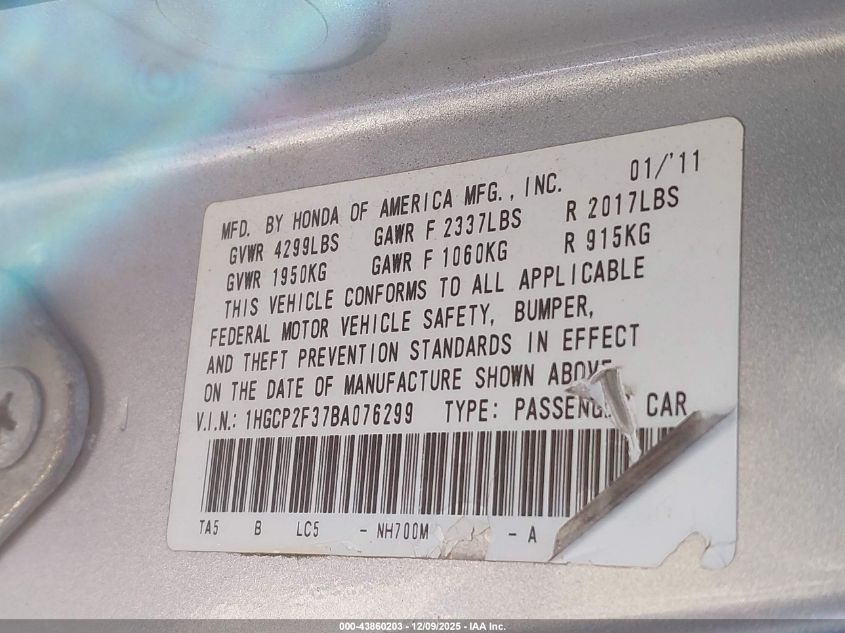 2011 Honda Accord 2.4 Lx VIN: 1HGCP2F37BA076299 Lot: 43860203