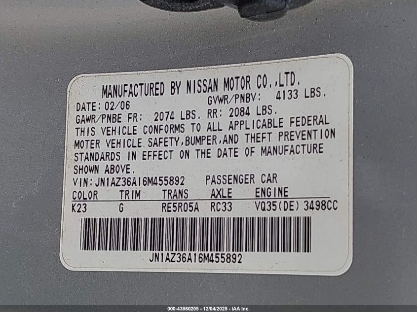 2006 Nissan 350Z Touring VIN: JN1AZ36A16M455892 Lot: 43860205