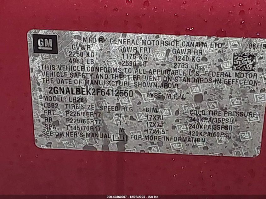 2015 Chevrolet Equinox 1Lt VIN: 2GNALBEK2F6412560 Lot: 43860207