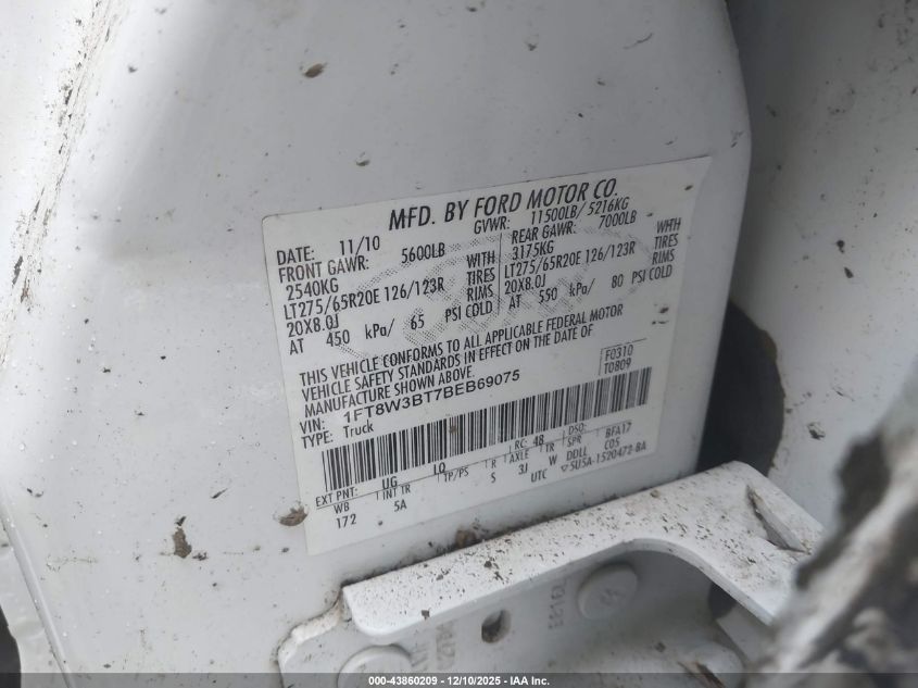 2011 Ford F-350 Lariat VIN: 1FT8W3BT7BEB69075 Lot: 43860209