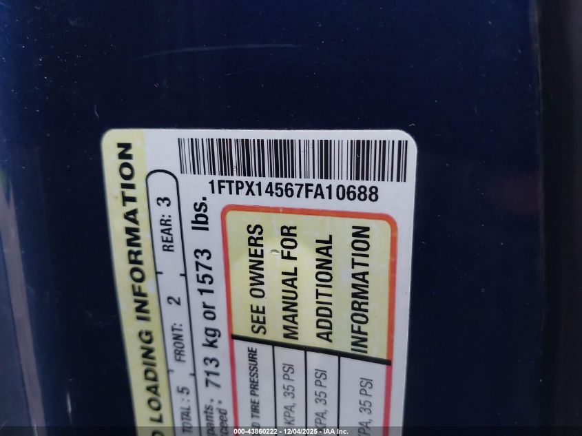 2007 Ford F-150 Fx4/Lariat/Xl/Xlt VIN: 1FTPX14567FA10688 Lot: 43860222