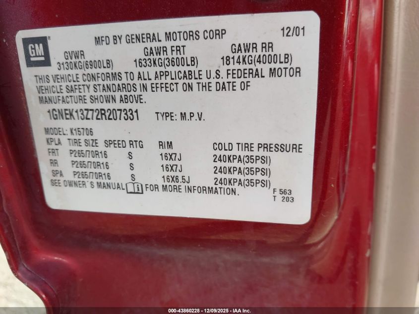 2002 Chevrolet Tahoe Lt VIN: 1GNEK13Z72R207331 Lot: 43860228