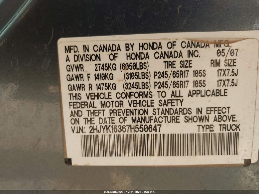 2007 Honda Ridgeline Rtx VIN: 2HJYK16367H550647 Lot: 43860229