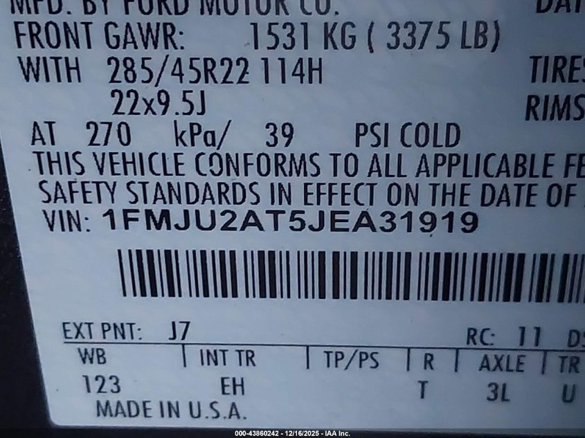 2018 Ford Expedition Limited VIN: 1FMJU2AT5JEA31919 Lot: 43860242