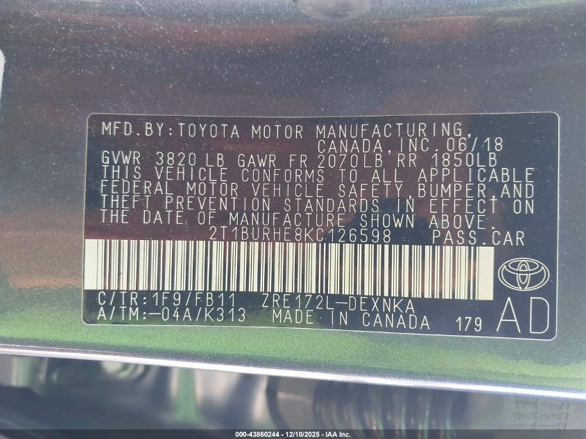 2019 Toyota Corolla Le VIN: 2T1BURHE8KC126598 Lot: 43860244