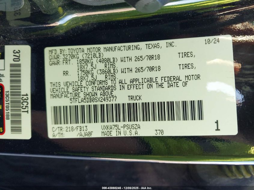 2025 Toyota Tundra Sr5 VIN: 5TFLA5DB0SX249377 Lot: 43860246