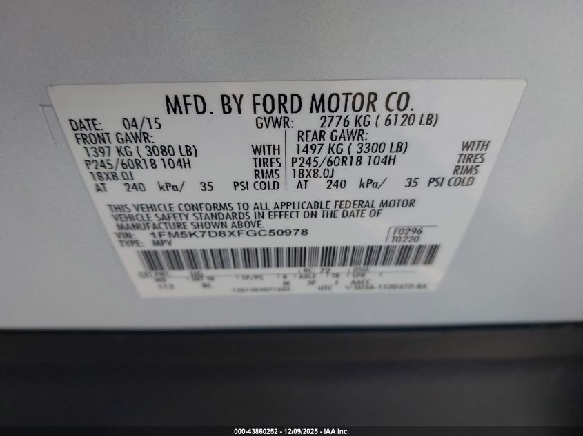 2015 Ford Explorer Xlt VIN: 1FM5K7D8XFGC50978 Lot: 43860252