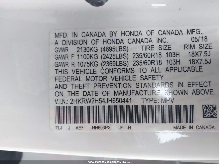 2018 Honda Cr-V Ex VIN: 2HKRW2H54JH650441 Lot: 43860256