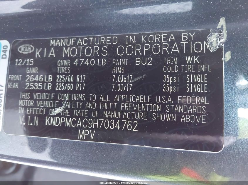 2017 Kia Sportage Lx VIN: KNDPMCAC9H7034762 Lot: 43860275