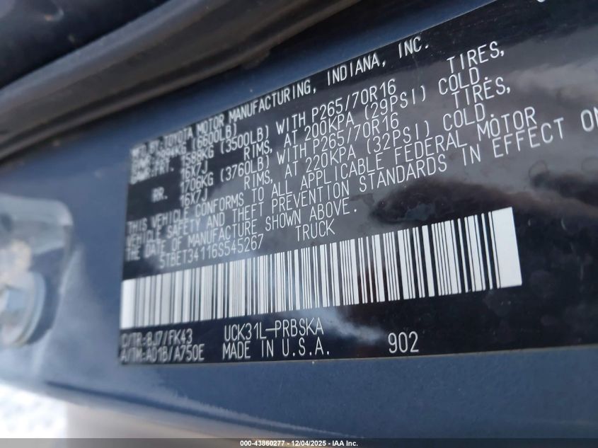 2006 Toyota Tundra Sr5 V8 VIN: 5TBET34116S545267 Lot: 43860277