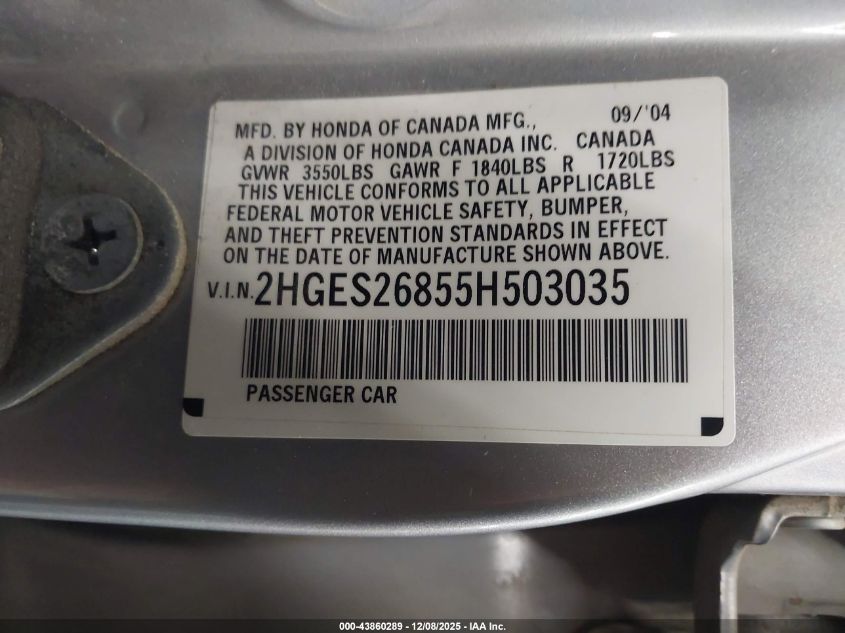 2005 Honda Civic Ex VIN: 2HGES26855H503035 Lot: 43860289