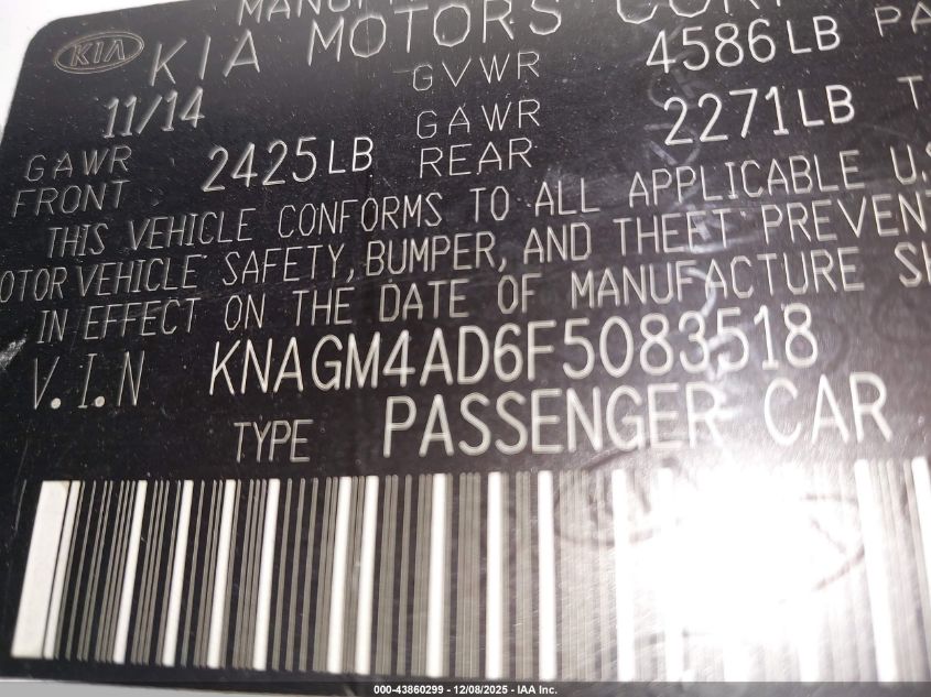 2015 Kia Optima Hybrid VIN: KNAGM4AD6F5083518 Lot: 43860299