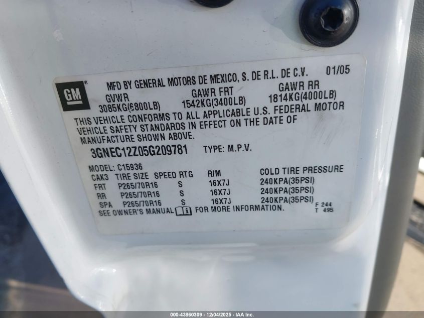 2005 Chevrolet Avalanche 1500 Lt VIN: 3GNEC12Z05G209781 Lot: 43860309