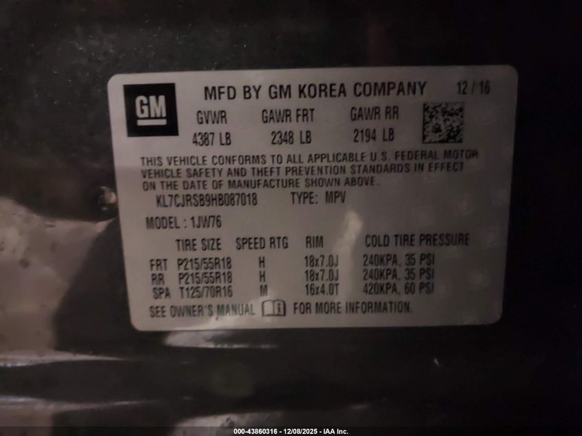 2017 Chevrolet Trax Premier VIN: KL7CJRSB9HB087018 Lot: 43860316