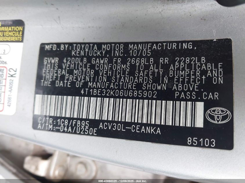 2006 Toyota Camry Le VIN: 4T1BE32K06U685902 Lot: 43860329