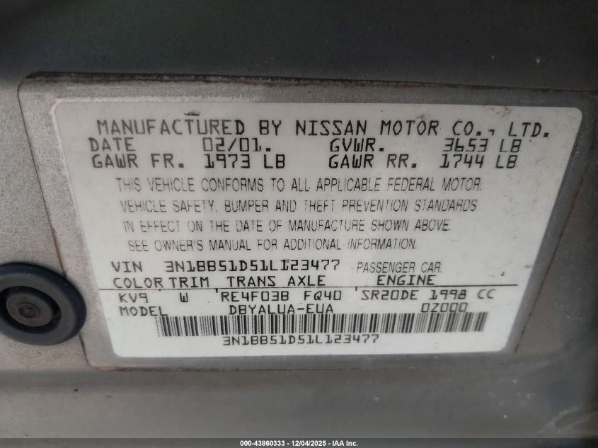2001 Nissan Sentra Se VIN: 3N1BB51D51L123477 Lot: 43860333