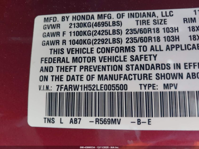 2020 Honda Cr-V 2Wd Ex VIN: 7FARW1H52LE005500 Lot: 43860334