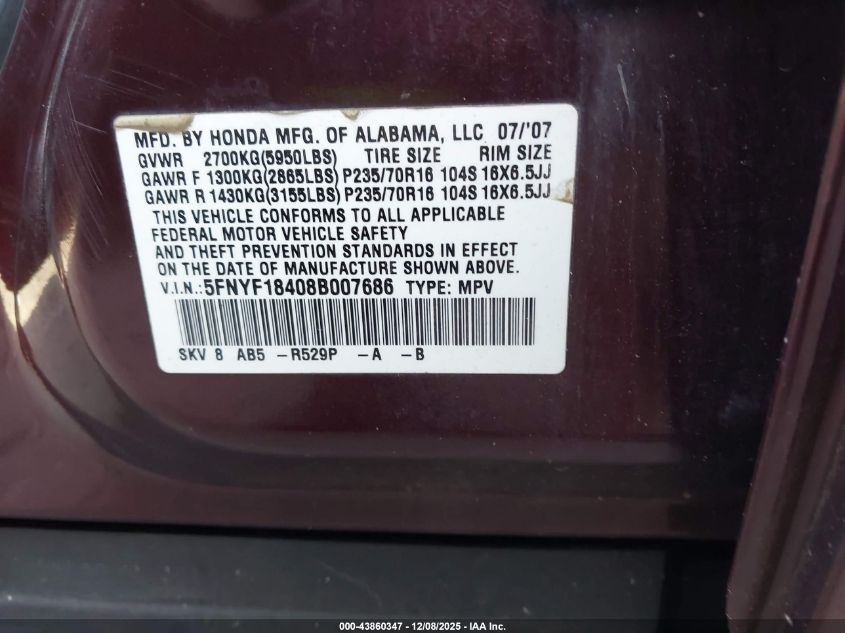 2008 Honda Pilot Ex VIN: 5FNYF18408B007686 Lot: 43860347