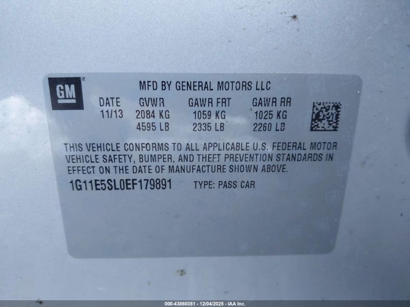 2014 Chevrolet Malibu 2Lt VIN: 1G11E5SL0EF179891 Lot: 43860351