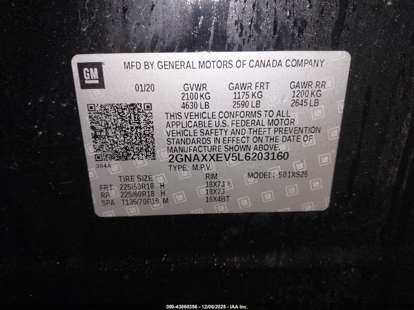 2020 Chevrolet Equinox Awd Premier 1.5L Turbo VIN: 2GNAXXEV5L6203160 Lot: 43860356