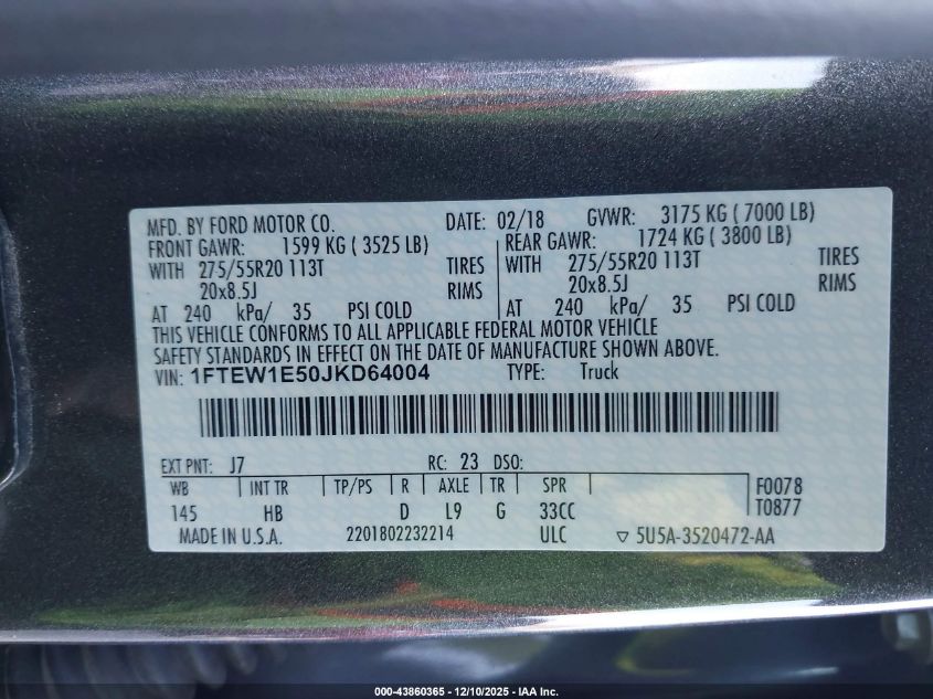 2018 Ford F-150 Lariat VIN: 1FTEW1E50JKD64004 Lot: 43860365