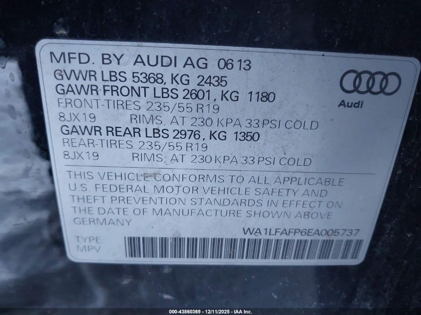 2014 Audi Q5 2.0T Premium VIN: WA1LFAFP6EA005737 Lot: 43860369
