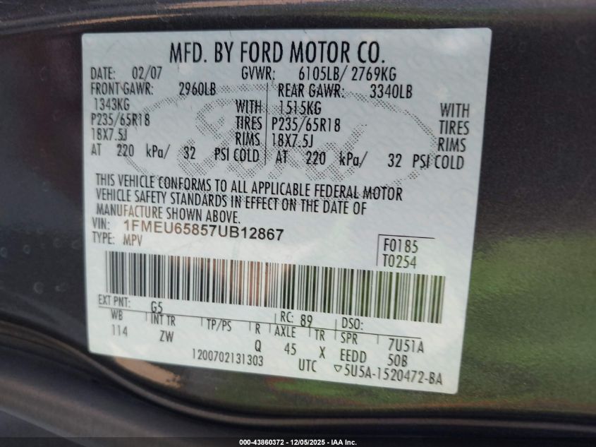 2007 Ford Explorer Limited VIN: 1FMEU65857UB12867 Lot: 43860372