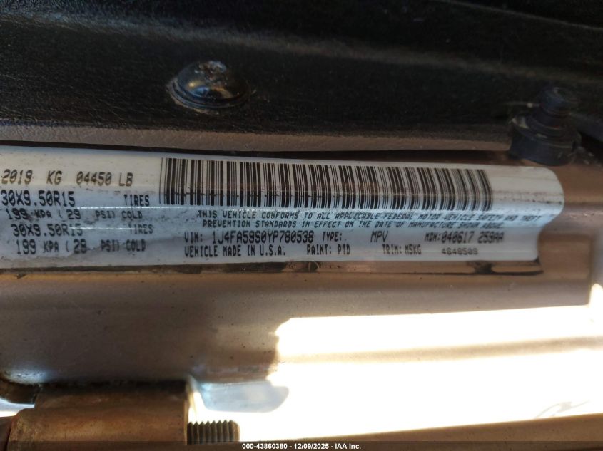 2000 Jeep Wrangler Sahara VIN: 1J4FA59S0YP780538 Lot: 43860380