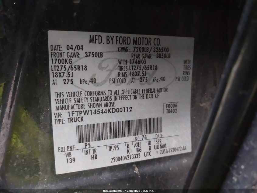 2004 Ford F-150 Fx4/Lariat/Xlt VIN: 1FTPW14544KD00112 Lot: 43860390