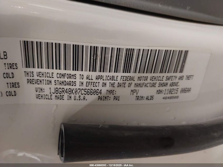 2007 Jeep Grand Cherokee Laredo VIN: 1J8GR48K07C566064 Lot: 43860393