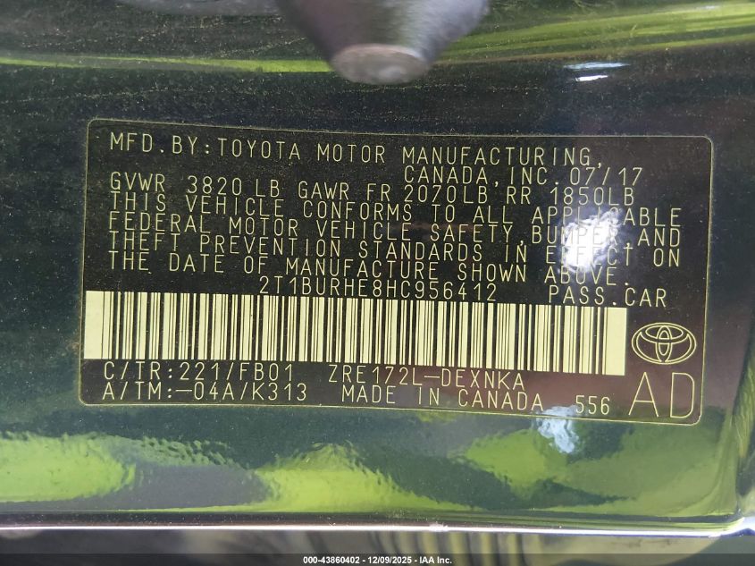2017 Toyota Corolla Le VIN: 2T1BURHE8HC956412 Lot: 43860402