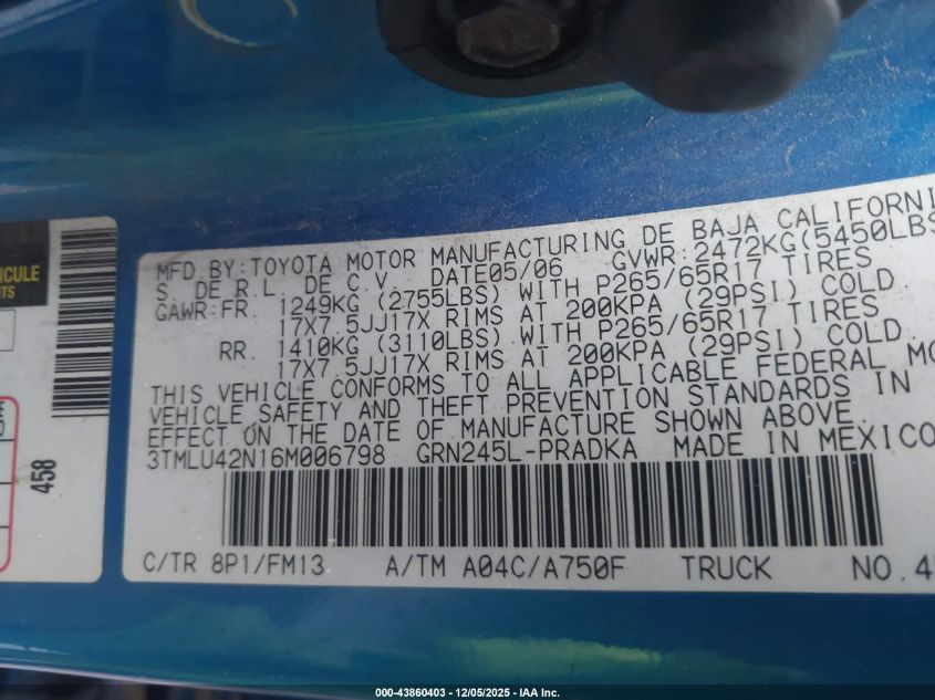 2006 Toyota Tacoma Base V6 VIN: 3TMLU42N16M006798 Lot: 43860403