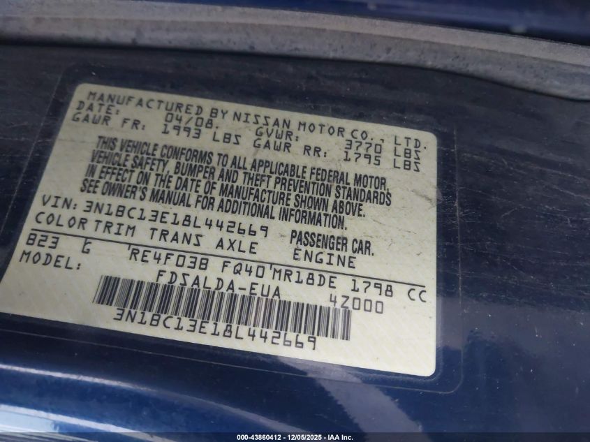 2008 Nissan Versa 1.8S VIN: 3N1BC13E18L442669 Lot: 43860412