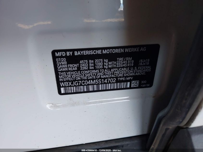 2021 BMW X1 Sdrive28I VIN: WBXJG7C04M5S14702 Lot: 43860418