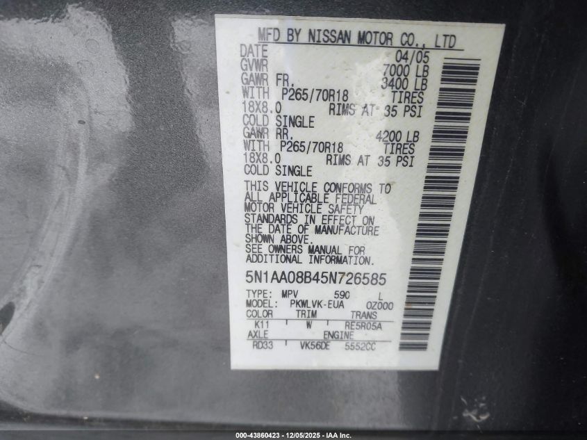 2005 Nissan Armada Le VIN: 5N1AA08B45N726585 Lot: 43860423