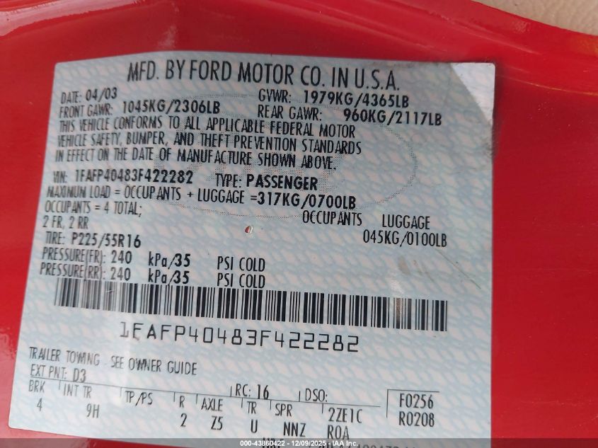 2003 Ford Mustang VIN: 1FAFP40483F422282 Lot: 43860422