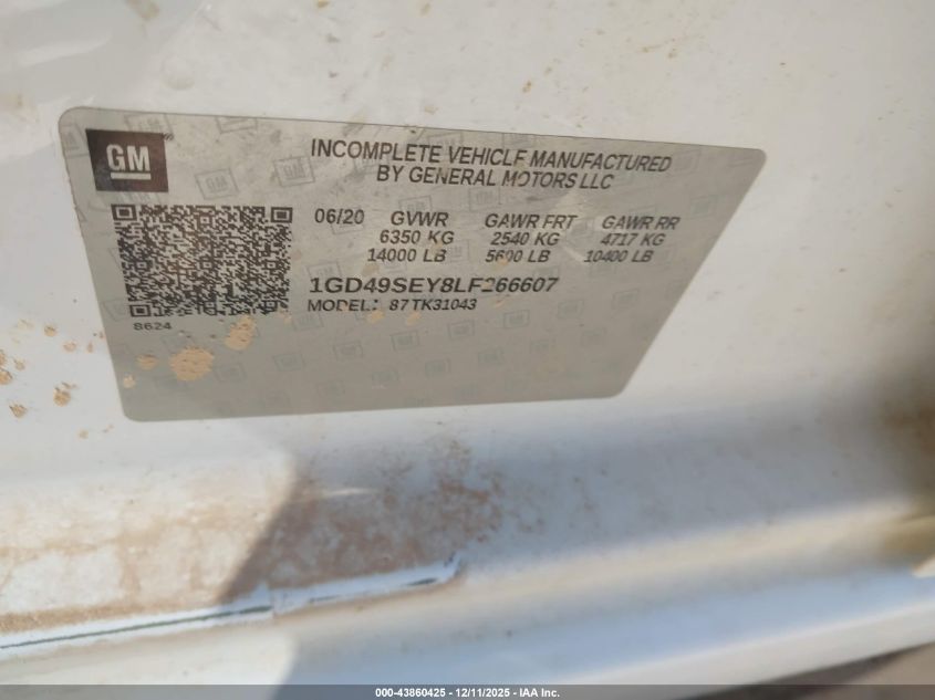 2020 GMC Sierra 3500Hd Chassis VIN: 1GD49SEY8LF266607 Lot: 43860425