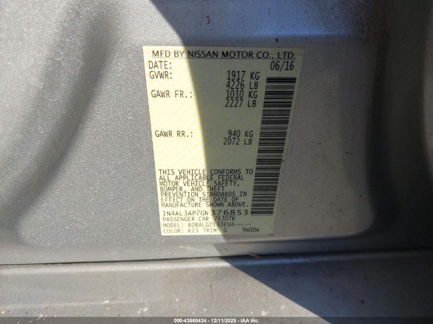 2016 Nissan Altima 2.5/2.5 S/2.5 Sl/2.5 Sr/2.5 Sv VIN: 1N4AL3AP7GN376853 Lot: 43860434