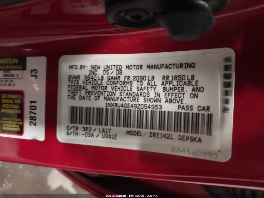 2009 Toyota Corolla S VIN: 1NXBU40E49Z054953 Lot: 43860438