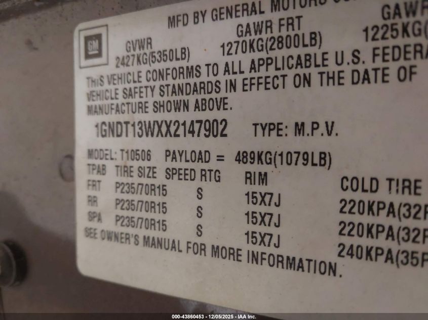 1999 Chevrolet Blazer Ls VIN: 1GNDT13WXX2147902 Lot: 43860453