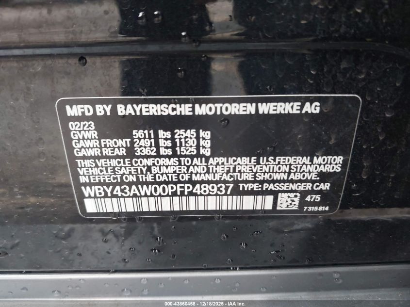 2023 BMW I4 Edrive35 VIN: WBY43AW00PFP48937 Lot: 43860458