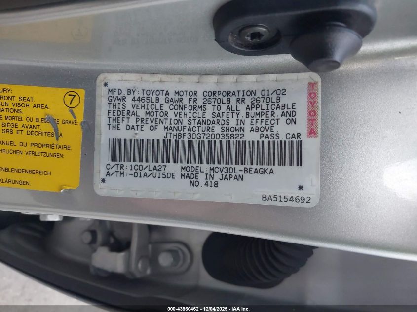 2002 Lexus Es 300 VIN: JTHBF30G720035822 Lot: 43860462