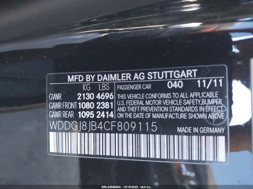 2012 Mercedes-Benz C 350 Sport 4Matic VIN: WDDGJ8JB4CF809115 Lot: 43860464