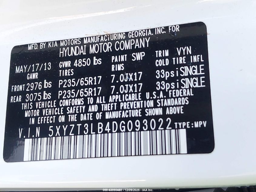 2013 Hyundai Santa Fe Sport VIN: 5XYZT3LB4DG093022 Lot: 43860468