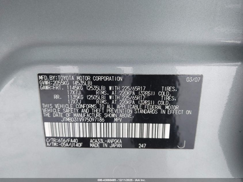 2007 Toyota Rav4 Limited VIN: JTMBD31V975097186 Lot: 43860469