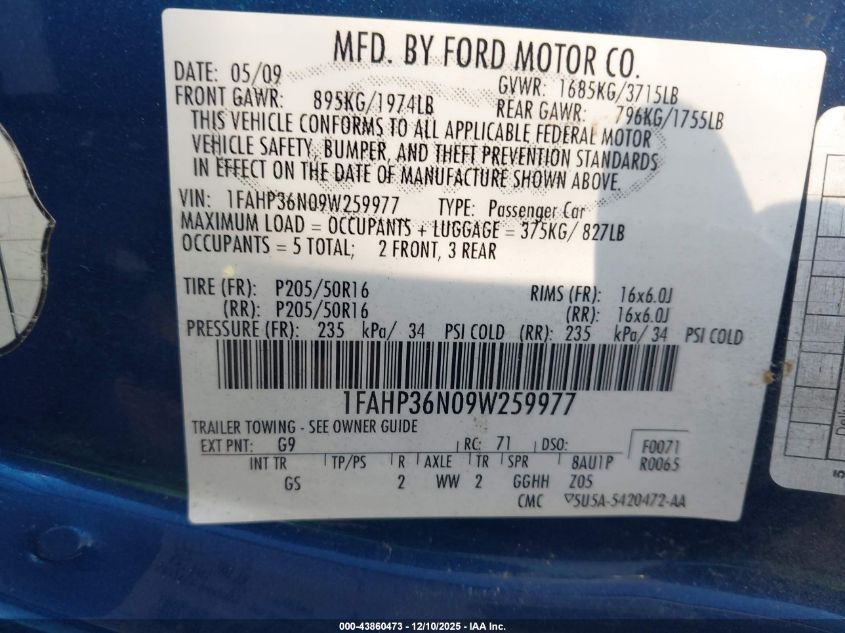 2009 Ford Focus Ses VIN: 1FAHP36N09W259977 Lot: 43860473