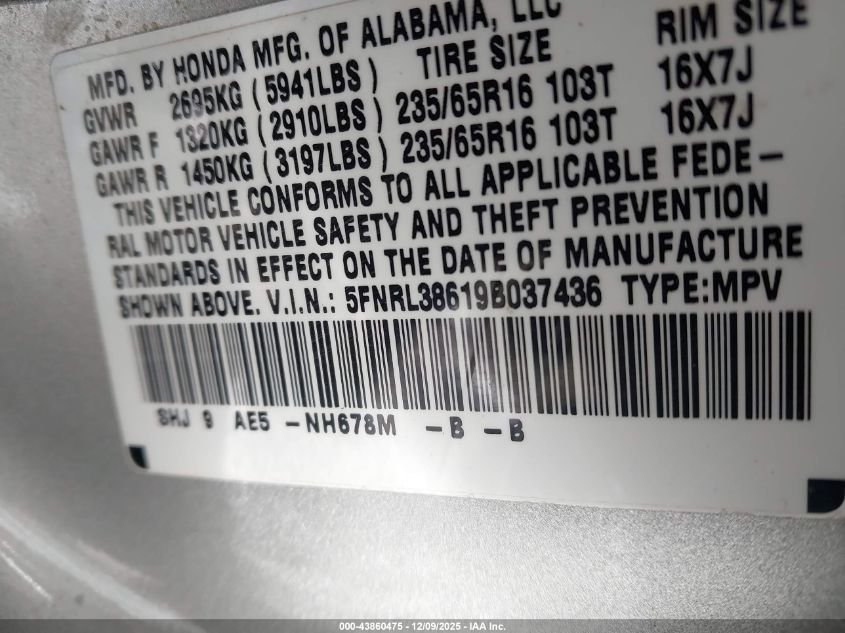 2009 Honda Odyssey Ex-L VIN: 5FNRL38619B037436 Lot: 43860475